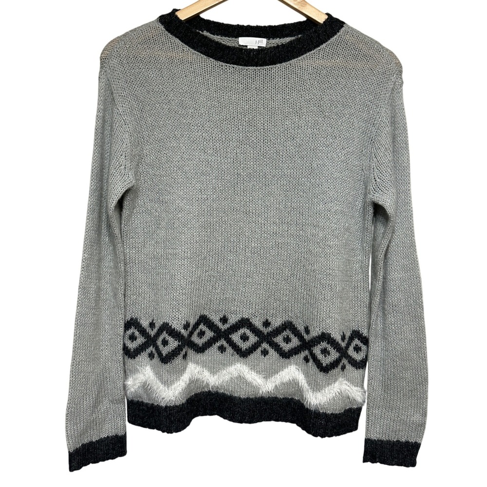 J Jill Womens Sweater‎ Womens XS Gray Geometric Mohair Wool Pullover Cabin Ski